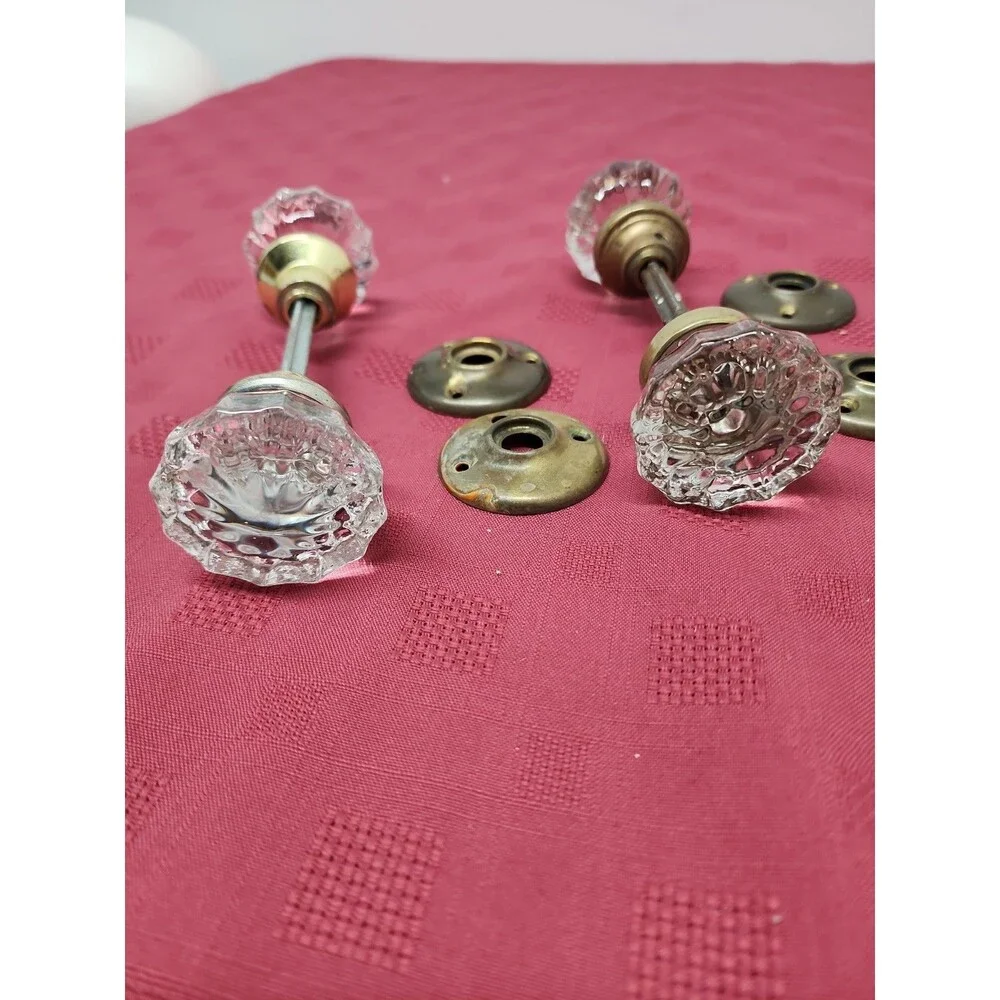 Vintage 12 Point Crystal Door Knob Sets With Spindle And Bezels Lot Of 2 ~ 1930s